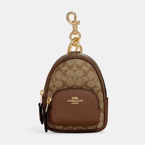 NWT Coach Mini Court Backpack Bag Charm In Signature Canvas Khaki Saddle Brown